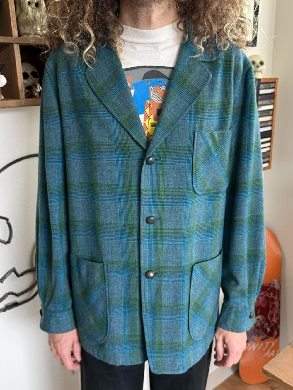 Vintage 60s Pendleton Topster Blue & Green Plaid Wool Sport Coat ~ Size Large